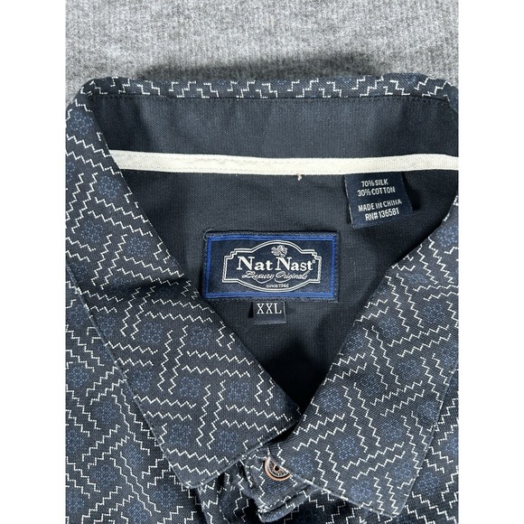 Nat Nast Mens XXL Button Down Shirt Blue Geometric‎ Silk Cotton Short Sleeve New - Picture 2 of 8